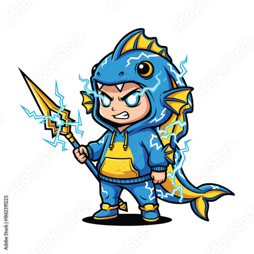 Cute Chibi Warrior Character with Fish Costume and Lightning Spear.