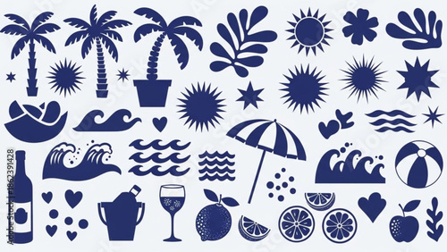 tropical summer and beach themed silhouette icons, ideal for vacation, travel, and holiday designs, featuring sun, palm trees, waves, fruits, and leisure elements
