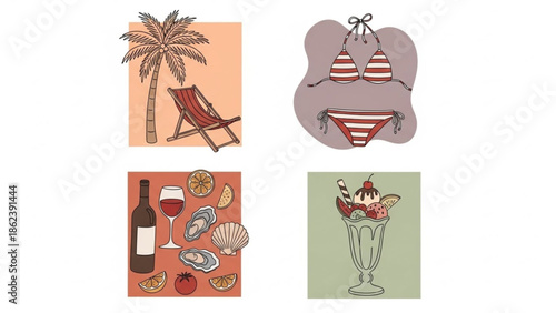 summer vacation icons beach chair, bikini, seafood platter, and ice cream sundae