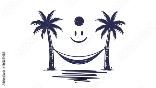 Tropical beach scene with palm trees, a hammock, and a smiley face symbol, evoking vacation and relaxation