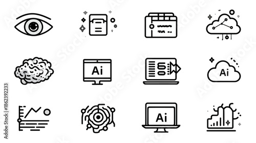 AI, Machine Learning, Data Science, and Neural Network Modern Line Icons Set. Technology, Analytics, and Digital Brain Concepts.