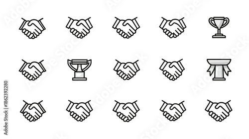Business success icons set with handshakes, trophies, and awards for partnership and achievement concepts