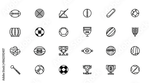 Collection of sports icons featuring line art illustrations of various game equipment, balls, trophies, and awards for competition.