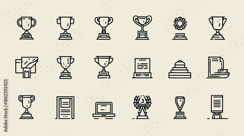 Trophy and Award Line Icons Set. Collection of Outline Vector Symbols for Success, Achievement, Victory, Winner, and Competition.
