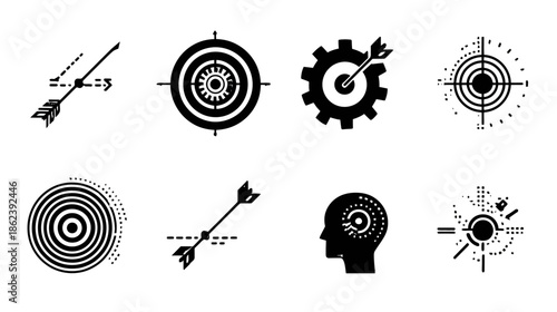 Target and Goal Icons Set with Arrows, Bullseyes, and Gears – Concept of Success, Aim, Strategy, and Business Achievement
