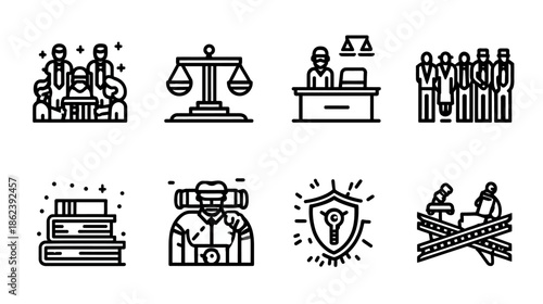 Minimalist Law and Justice Line Icons Set featuring Courtroom, Legal System, Education, Security, and Protection Symbols