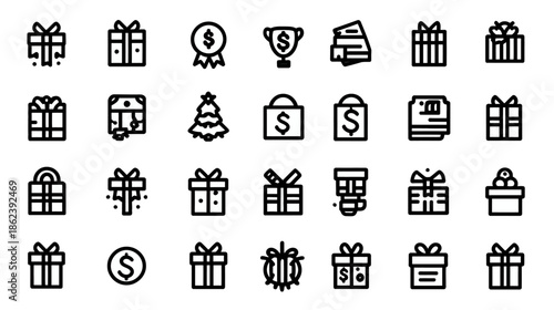 Collection of Black Line Icons for Gifts, Rewards, Money, and Shopping. Presents, Awards, E-commerce, Sale, Bonus, Celebration.