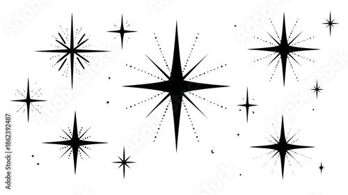 Black Sparkle Stars and Starburst Effects Vector Set. Twinkling Graphic Elements for Celebration, Magic, and Design.