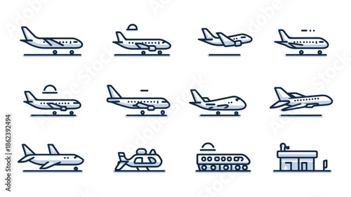 Modern line art vector icons set for airplane travel, airport services, aviation, and global transportation concept design.