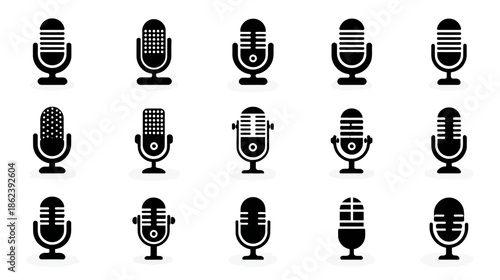 Microphone Icons Set. Collection of black silhouette audio device symbols for recording, podcasting, broadcasting, and communication.