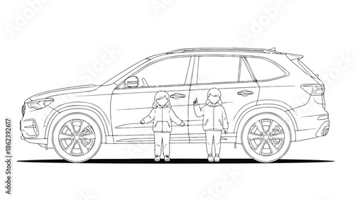 Minimalist line art outline of a modern family SUV