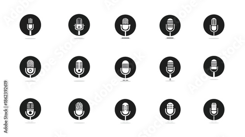 Collection of Vintage and Retro Microphone Icons for Podcasting, Broadcasting, Recording, and Live Audio
