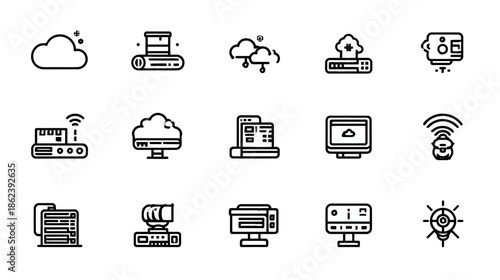 Technology, Cloud Computing, and Network Line Icons Set. Data Center, Server, Internet, and Digital Communication Outline Collection.