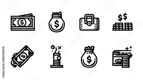 Minimalist black and white money icons set. Financial currency symbols for banking, wealth, cash, payment, and budget.