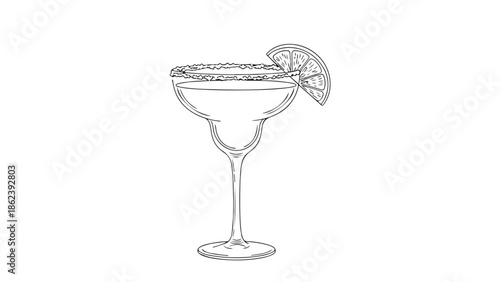 Minimalist line art of a margarita cocktail glass with lime