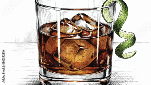 Detailed watercolor of an old fashioned cocktail with orange peel