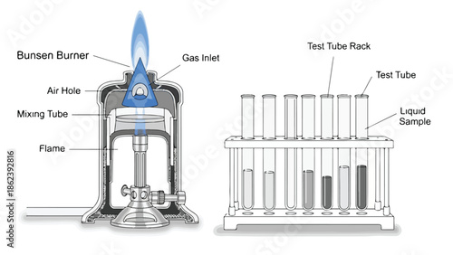 Laboratory bunsen burner with test tubes and chemical labels diagram