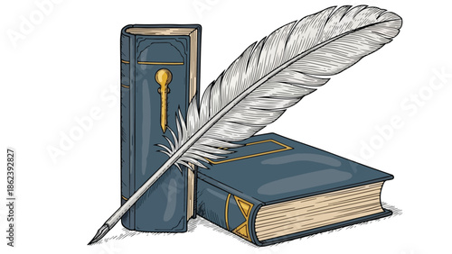 Vintage book with a feather quill pen architectural and history theme