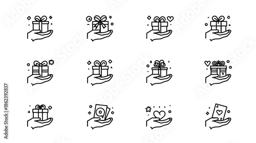Modern Line Art Icon Set: Hands Holding Gift Boxes, Presents, Loyalty Cards, and Heart Symbols for Giving, Receiving, Celebration, and Rewards