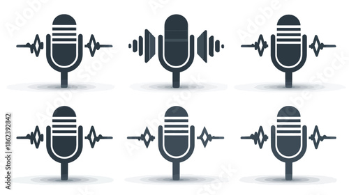 Modern Microphone Vector Icons Set. Audio Recording, Podcasting, Broadcasting, and Live Stream Symbols with Sound Waves.