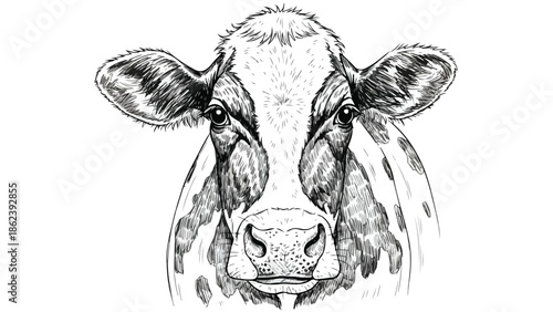 Detailed charcoal portrait of a dairy cow face with spots