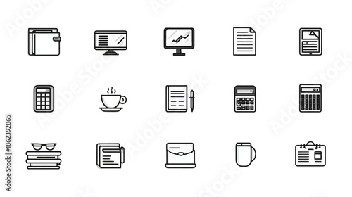 Monochrome Business and Finance Vector Line Icons Set for Office Work, Accounting, Technology, Documents, Calculators, Wallet, and Coffee