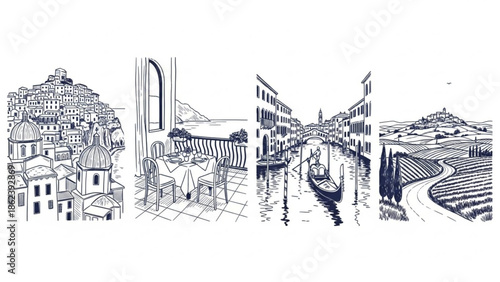 European travel charming hill towns, serene canals, romantic dining, and picturesque vineyards Timeless hand-drawn illustrations