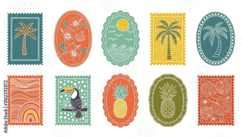 vintage-style postage stamps, each embodying a tropical travel concept with detailed nature illustrations, ideal for summer vacation and creative projects