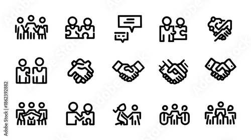 Outline Icons Set for Business Collaboration, Teamwork, Partnership, Communication, and Handshake Agreement