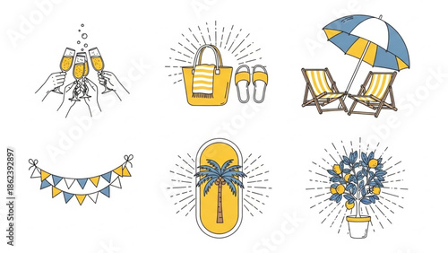 summer celebrations and relaxing beach vacation essentials, perfect for holiday-themed designs and digital projects Vibrant collection of cheerful line art icons