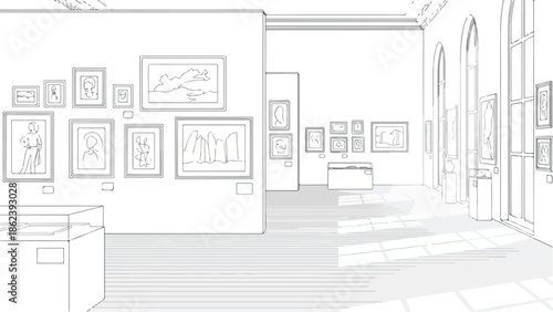 Art gallery interior sketch with people viewing paintings on wall