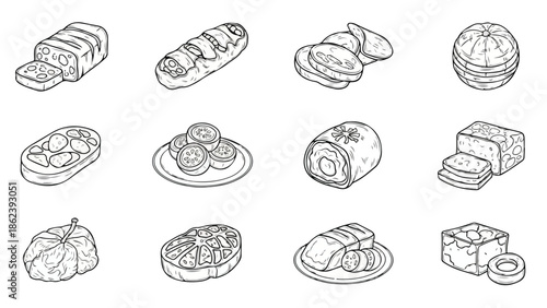 Collection of various hand drawn bread and bakery product icons
