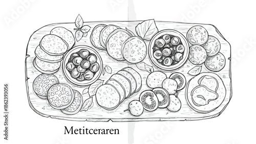Detailed line art of a Mediterranean food platter with appetizers