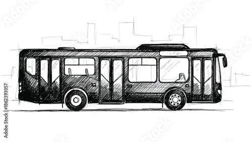 Detailed ink sketch of a modern city transit passenger bus