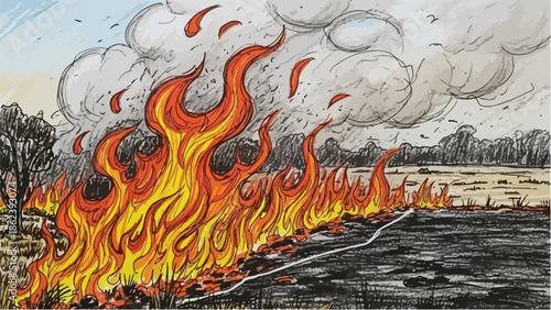 Dramatic colored sketch of a wildfire burning through a field