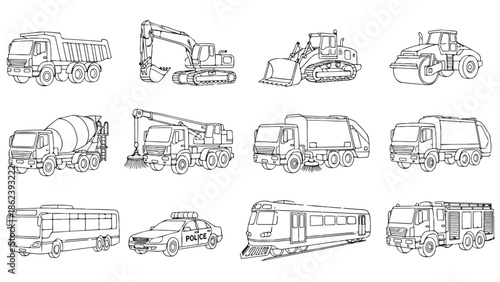 Collection of heavy construction machinery and industrial vehicle icons