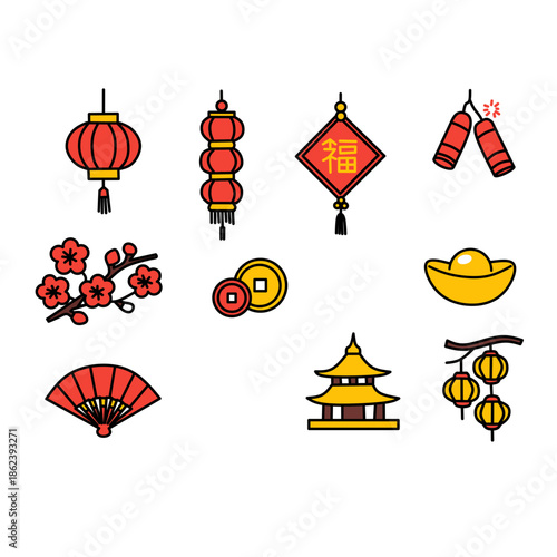 Chinese New Year Color Icon Set with Lantern Firecracker Coin and Temple