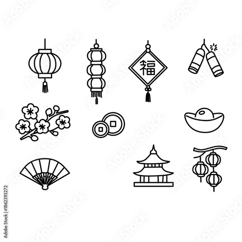 Chinese New Year Outline Icon Set with Lantern Coin Fan and Temple