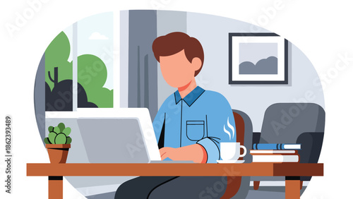 Modern vector illustration of young professional working remotely on laptop at cozy home workspace, modern lifestyle, work from home, productivity, and digital living concept