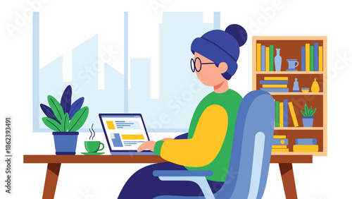 Modern vector illustration of young professional working remotely on laptop at cozy home workspace, modern lifestyle, work from home, productivity, and digital living concept