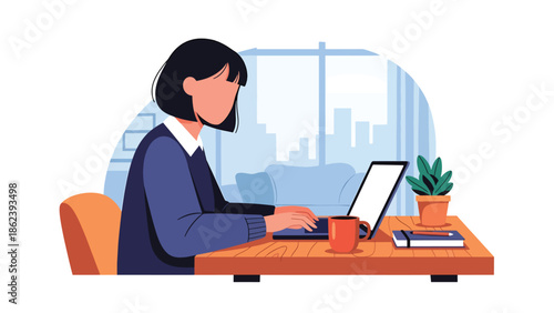 Modern vector illustration of young professional working remotely on laptop at cozy home workspace, modern lifestyle, work from home, productivity, and digital living concept