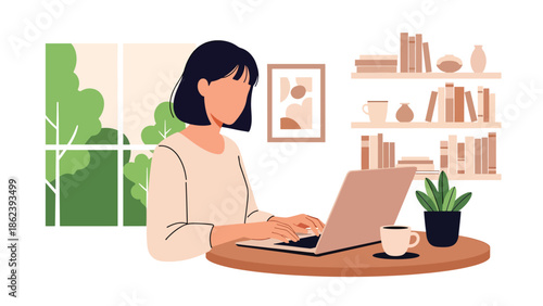 Modern vector illustration of young professional working remotely on laptop at cozy home workspace, modern lifestyle, work from home, productivity, and digital living concept