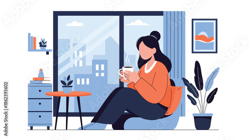 Modern vector illustration of woman enjoying morning coffee near window in cozy apartment, calm daily routine, self care, and modern lifestyle concept