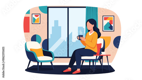 Modern vector illustration of woman enjoying morning coffee near window in cozy apartment, calm daily routine, self care, and modern lifestyle concept