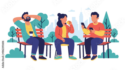 Modern vector illustration of diverse friends hanging out in city park, social connection, friendship, and urban modern lifestyle concept