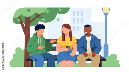 Modern vector illustration of diverse friends hanging out in city park, social connection, friendship, and urban modern lifestyle concept