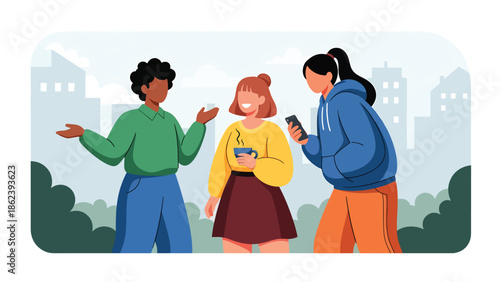 Modern vector illustration of diverse friends hanging out in city park, social connection, friendship, and urban modern lifestyle concept