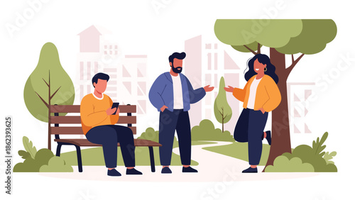Modern vector illustration of diverse friends hanging out in city park, social connection, friendship, and urban modern lifestyle concept
