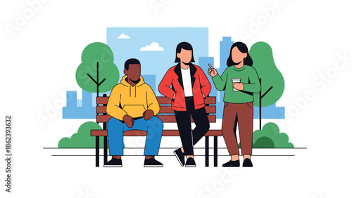 Modern vector illustration of diverse friends hanging out in city park, social connection, friendship, and urban modern lifestyle concept