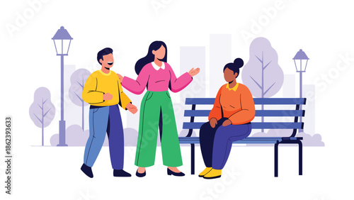 Modern vector illustration of diverse friends hanging out in city park, social connection, friendship, and urban modern lifestyle concept